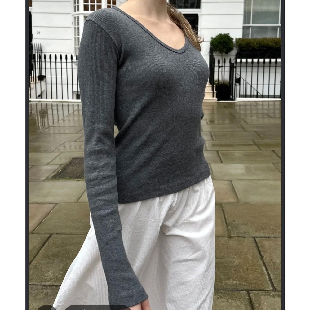 Navy Blue Ribbed Long Sleeve Thermal Scoop Neck Top XS Slim Fit